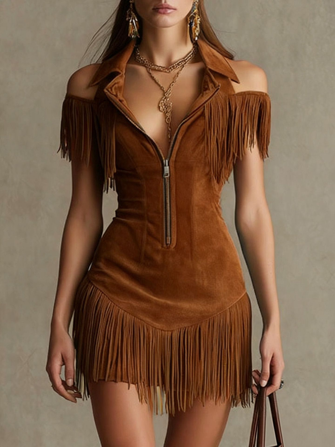 Western-Style Lapel Zipper Tassel Slim-Fit Mini Dress