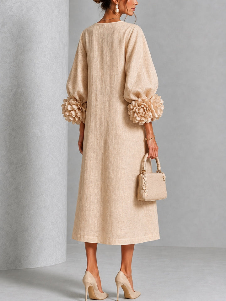 Beige Floral Button-down Midi Dress With Striking Floral Cuffs