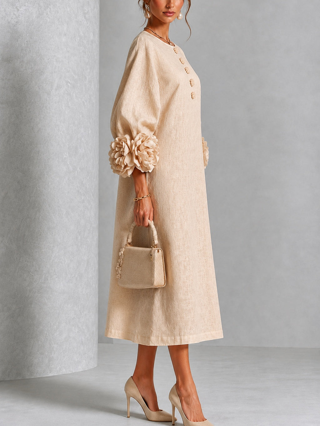 Beige Floral Button-down Midi Dress With Striking Floral Cuffs