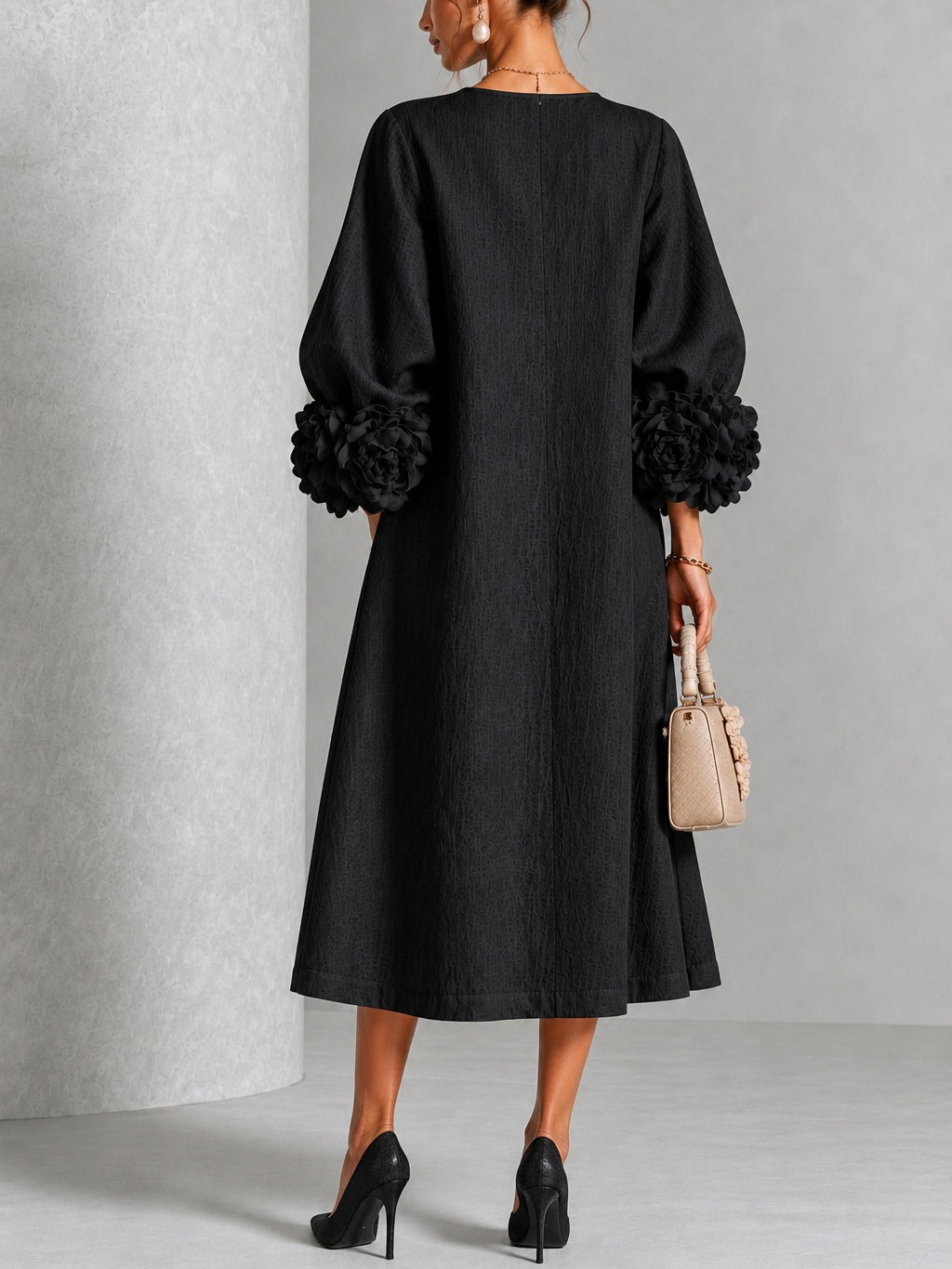 Black Floral Button-down Midi Dress With Striking Floral Cuffs