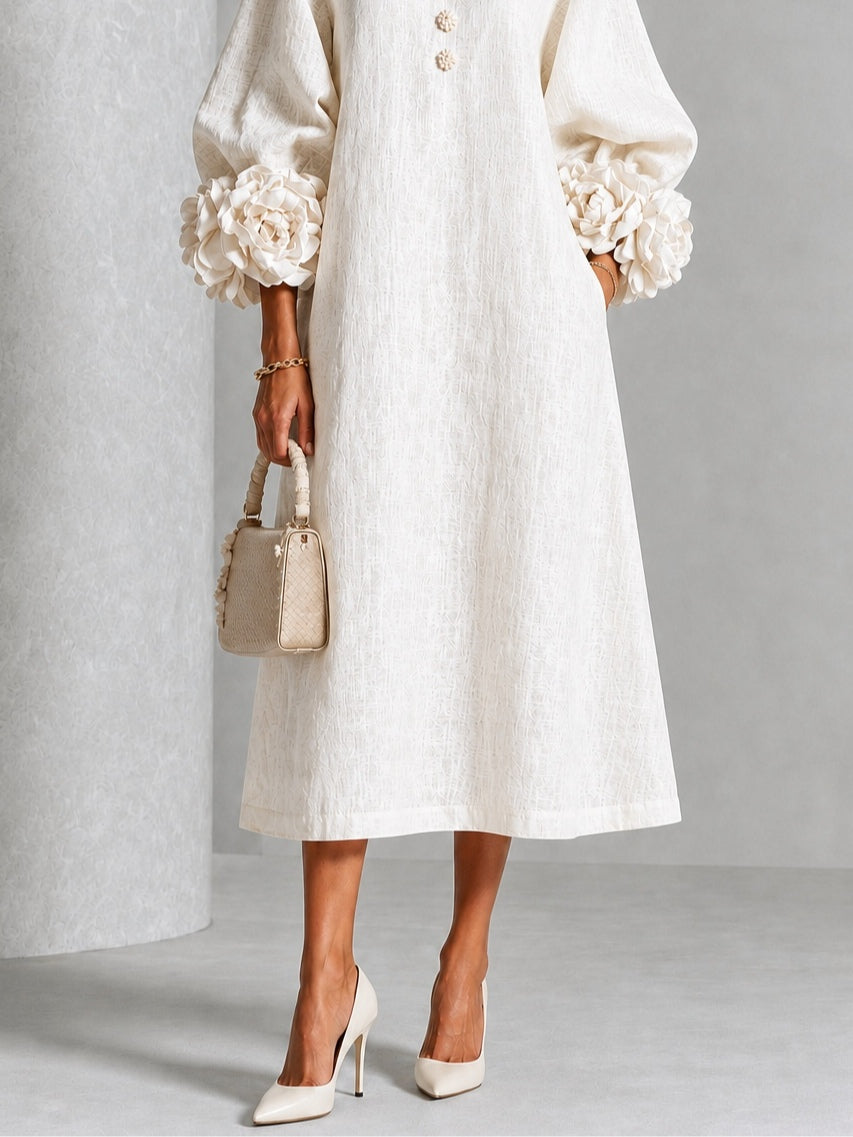 White Floral Button-down Midi Dress With Striking Floral Cuffs