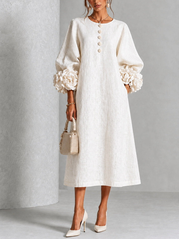 White Floral Button-down Midi Dress With Striking Floral Cuffs