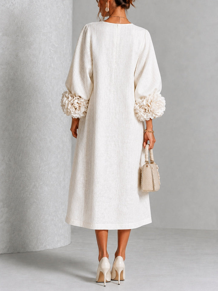White Floral Button-down Midi Dress With Striking Floral Cuffs
