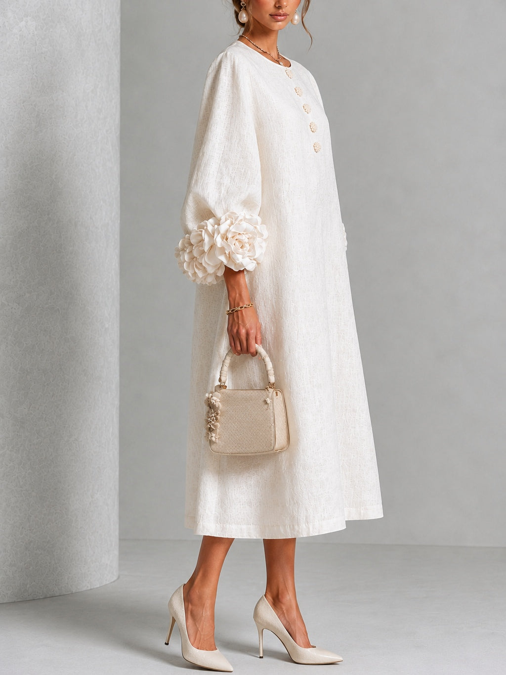 White Floral Button-down Midi Dress With Striking Floral Cuffs