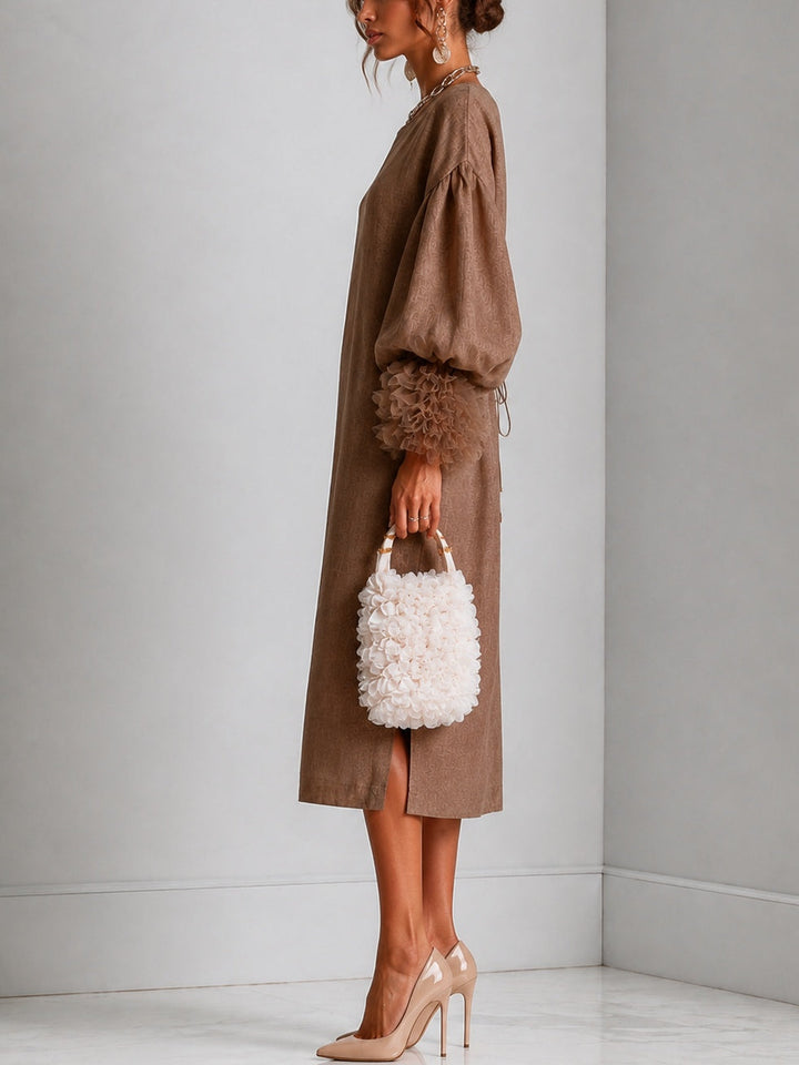Brown Adjustable Drawstring-waist Midi Dress With Lantern Sleeves And Pleated Ruffle Cuffs