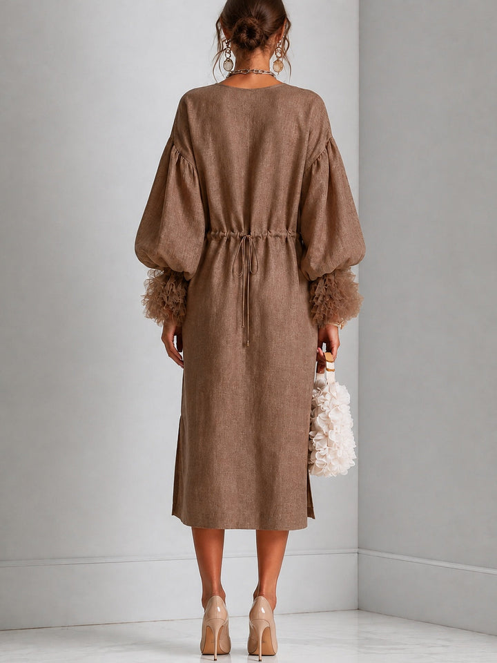 Brown Adjustable Drawstring-waist Midi Dress With Lantern Sleeves And Pleated Ruffle Cuffs