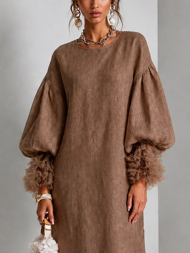 Brown Adjustable Drawstring-waist Midi Dress With Lantern Sleeves And Pleated Ruffle Cuffs