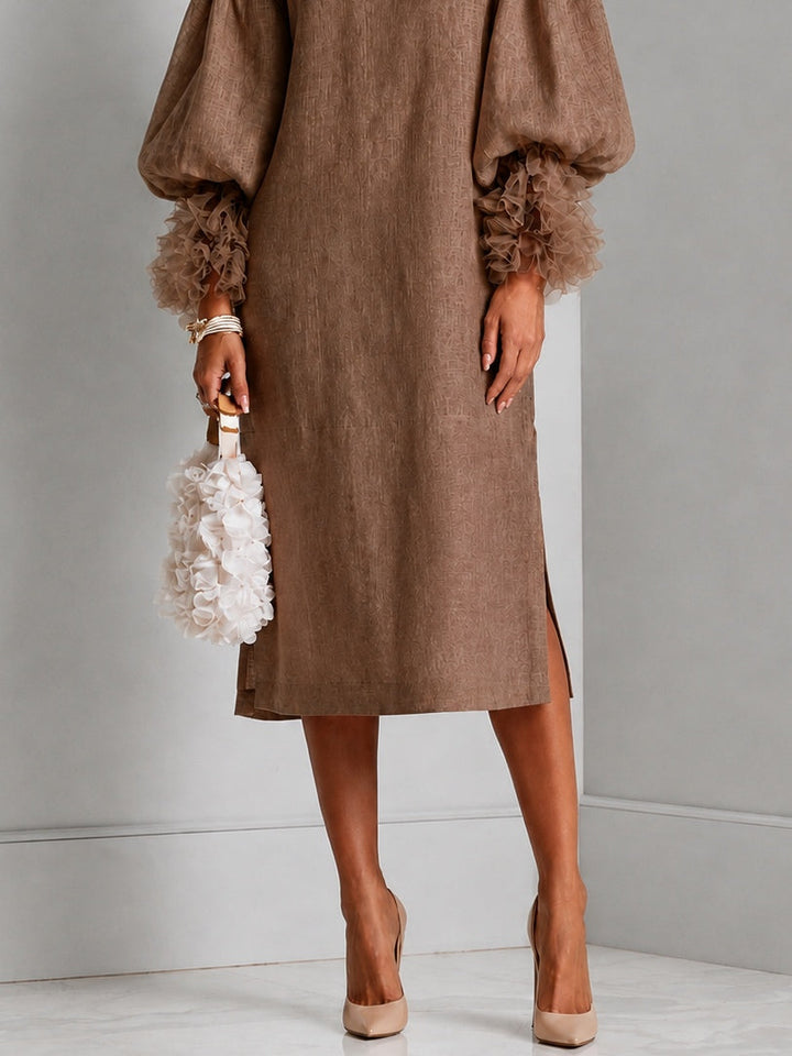 Brown Adjustable Drawstring-waist Midi Dress With Lantern Sleeves And Pleated Ruffle Cuffs
