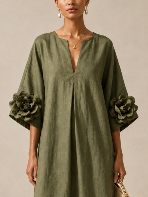 Olive Green V-neck Midi Dress With Striking Floral Cuffs
