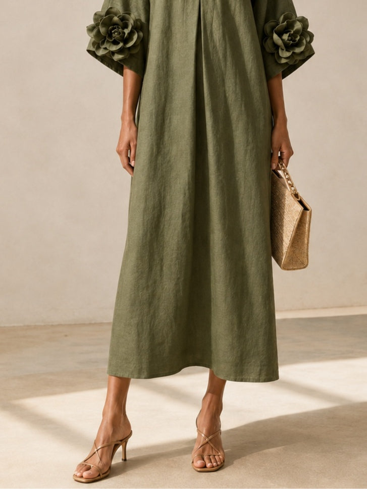 Olive Green V-neck Midi Dress With Striking Floral Cuffs