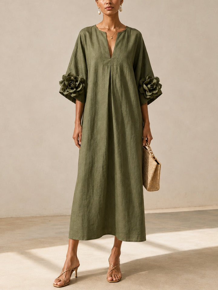 Olive Green V-neck Midi Dress With Striking Floral Cuffs