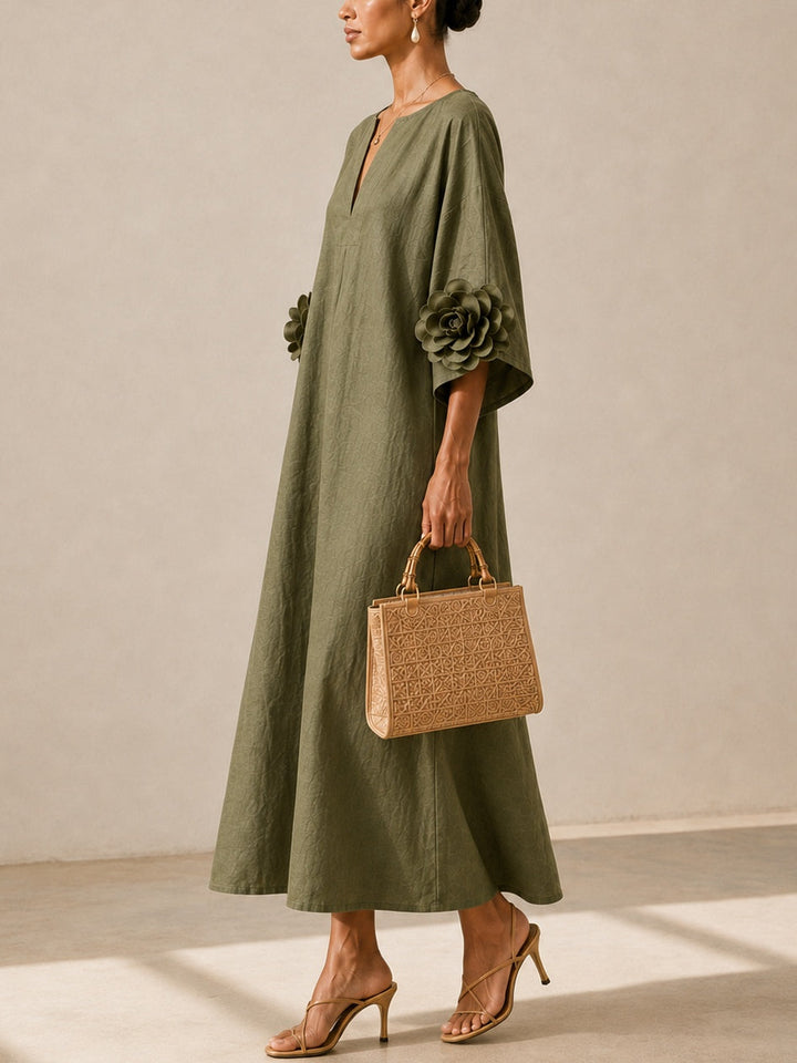 Olive Green V-neck Midi Dress With Striking Floral Cuffs