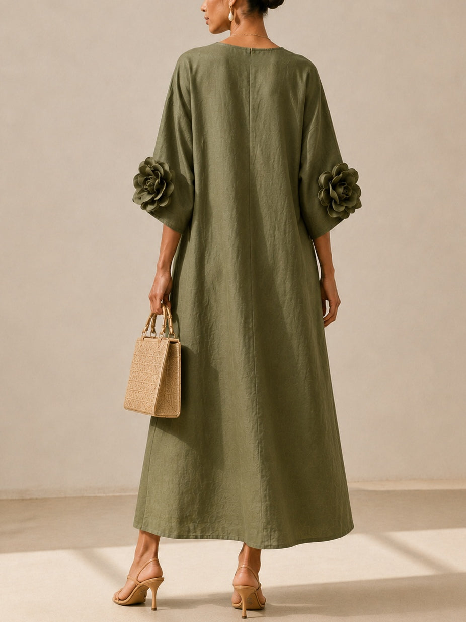 Olive Green V-neck Midi Dress With Striking Floral Cuffs