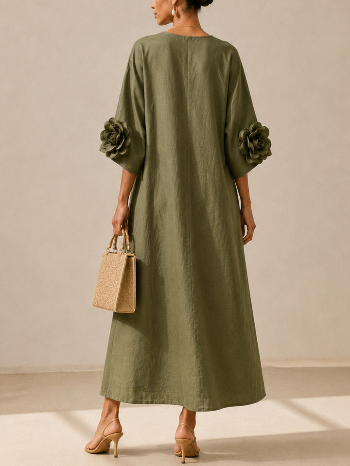 Olive Green V-neck Midi Dress With Striking Floral Cuffs