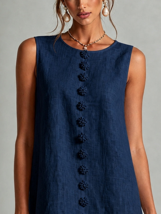 Navy Sleeveless Floral Button-front Mini Dress