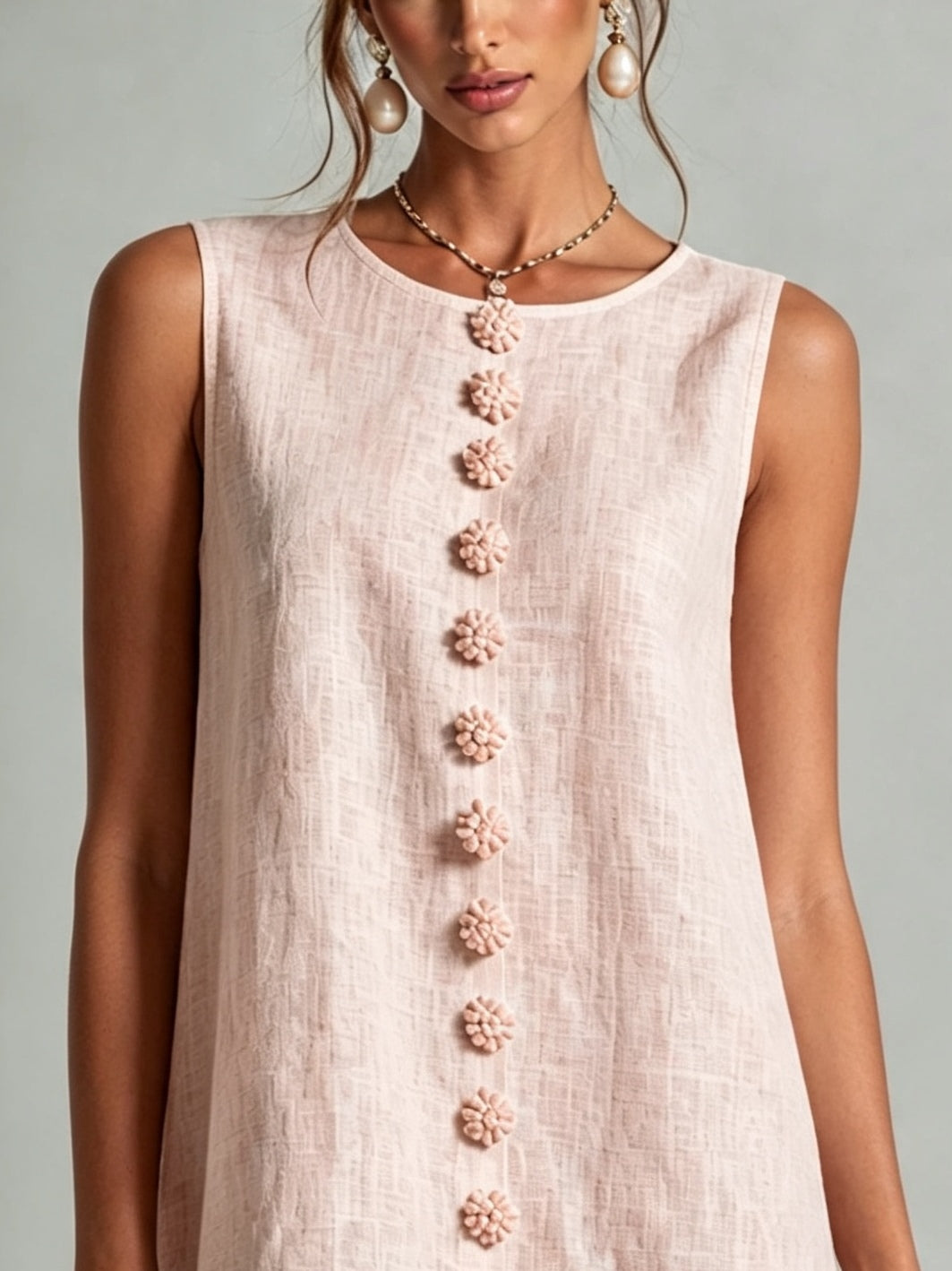 Pink Sleeveless Floral Button-front Mini Dress