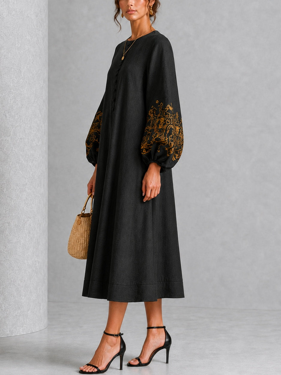 Black Gold Floral Print Button-Front Lantern-Sleeve Midi Dress