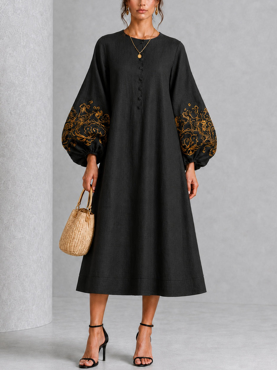 Black Gold Floral Print Button-Front Lantern-Sleeve Midi Dress
