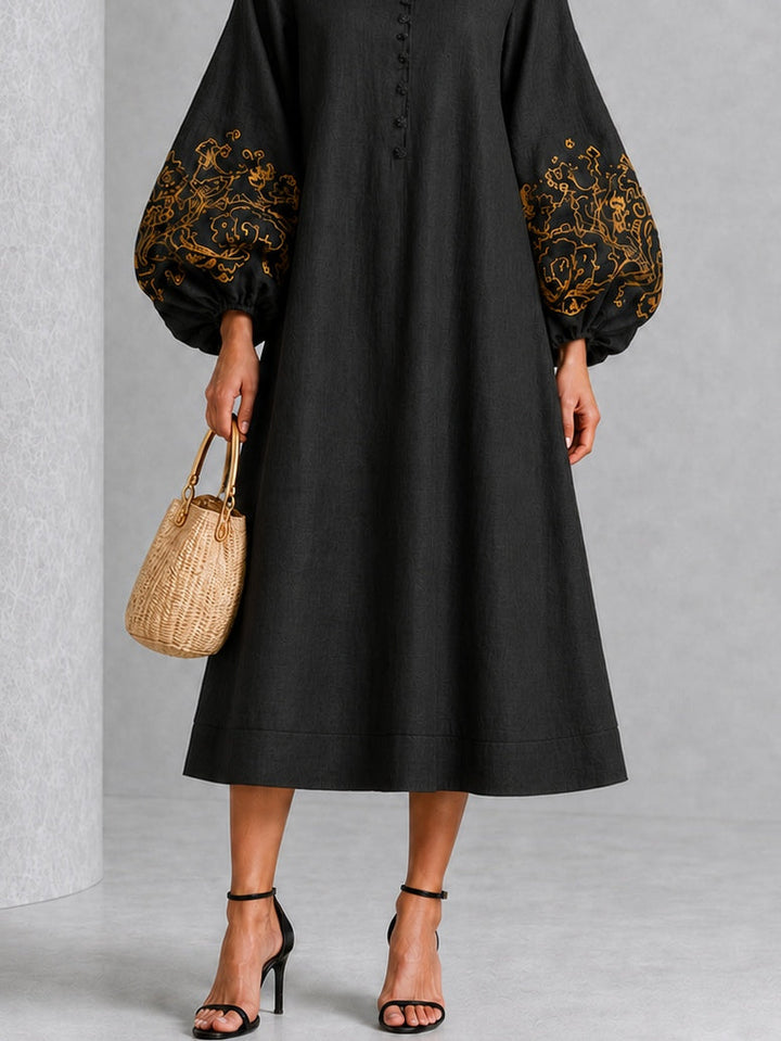 Black Gold Floral Print Button-Front Lantern-Sleeve Midi Dress