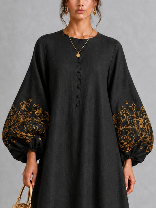 Black Gold Floral Print Button-Front Lantern-Sleeve Midi Dress