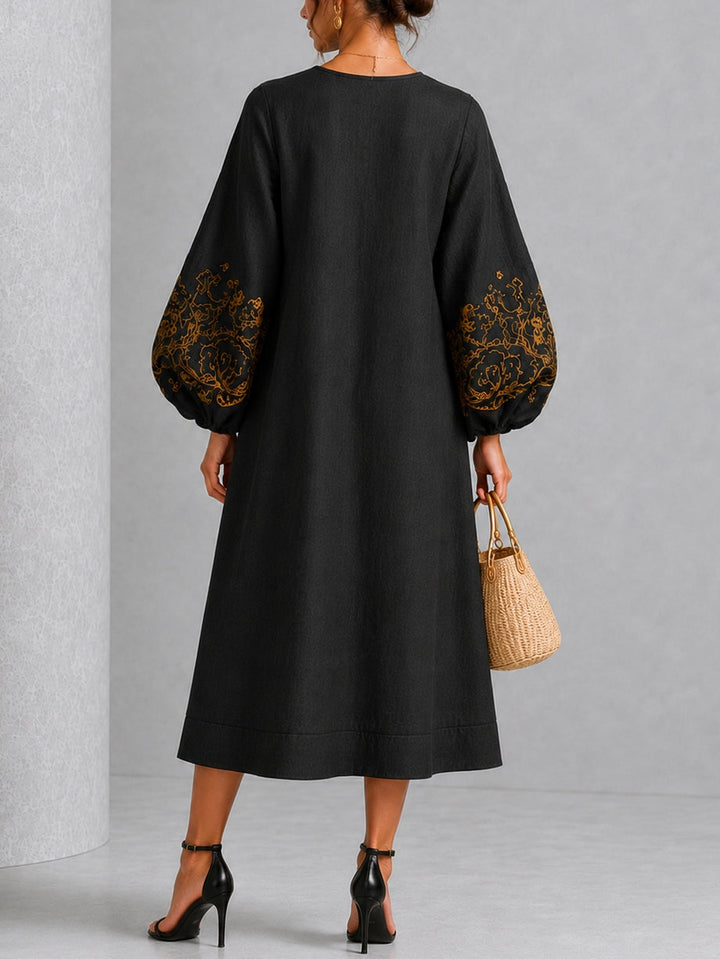 Black Gold Floral Print Button-Front Lantern-Sleeve Midi Dress