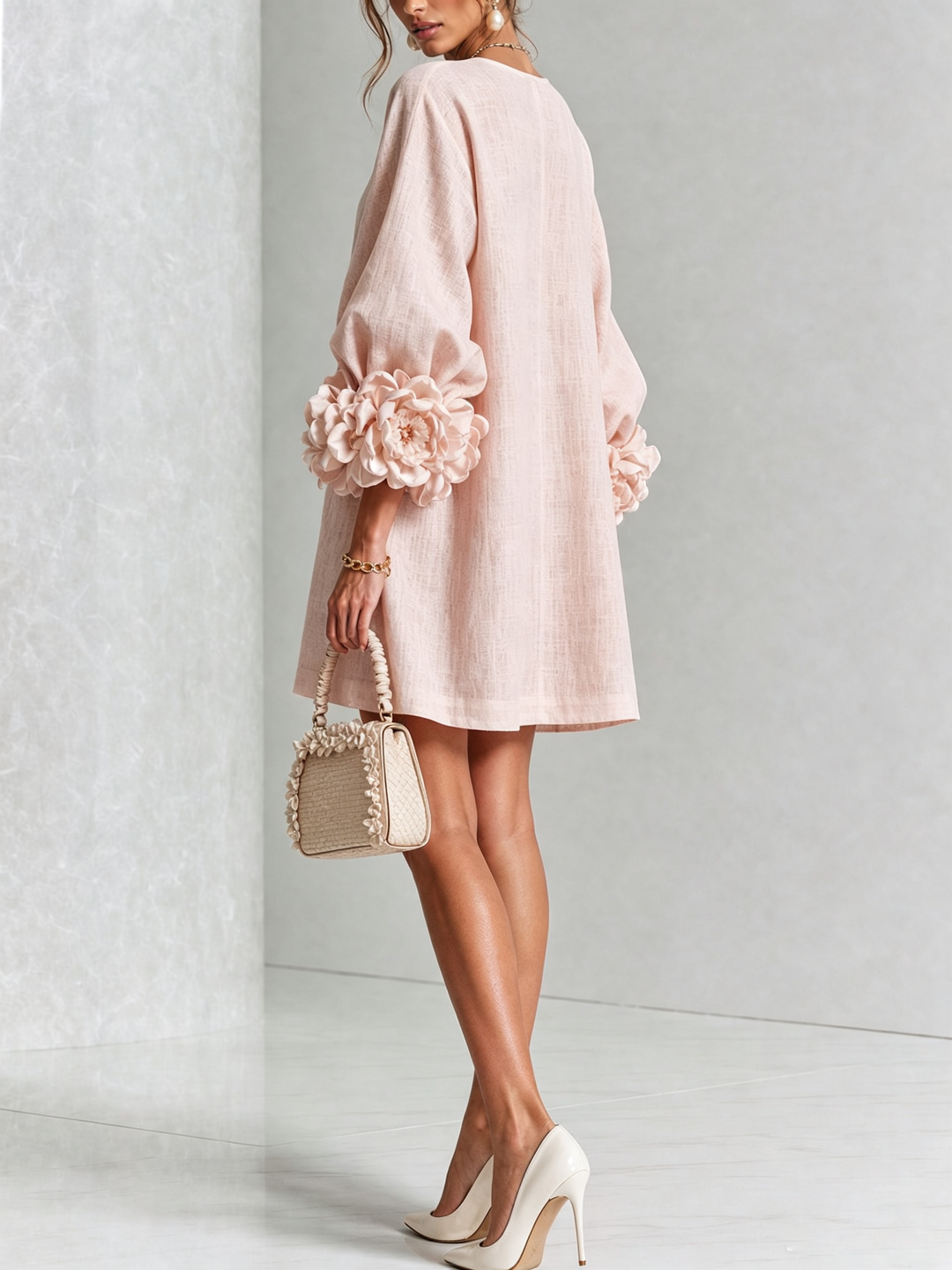 Pink Floral Round Neck Mini Dress With Striking Floral Cuffs