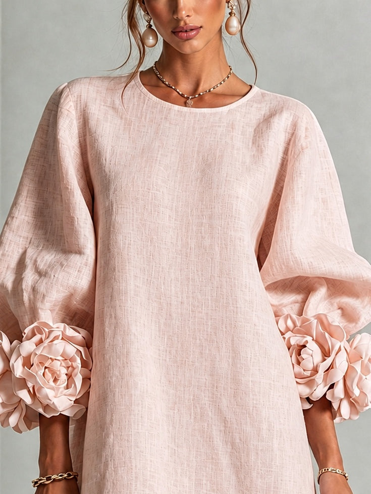 Pink Floral Round Neck Mini Dress With Striking Floral Cuffs