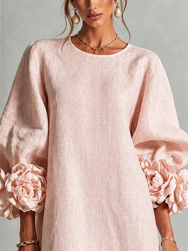 Pink Floral Round Neck Mini Dress With Striking Floral Cuffs