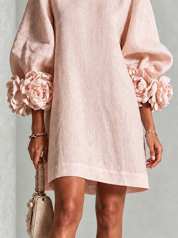 Pink Floral Round Neck Mini Dress With Striking Floral Cuffs