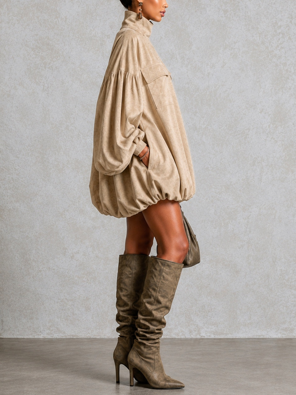 Khaki Faux Suede Oversized Mini Dress