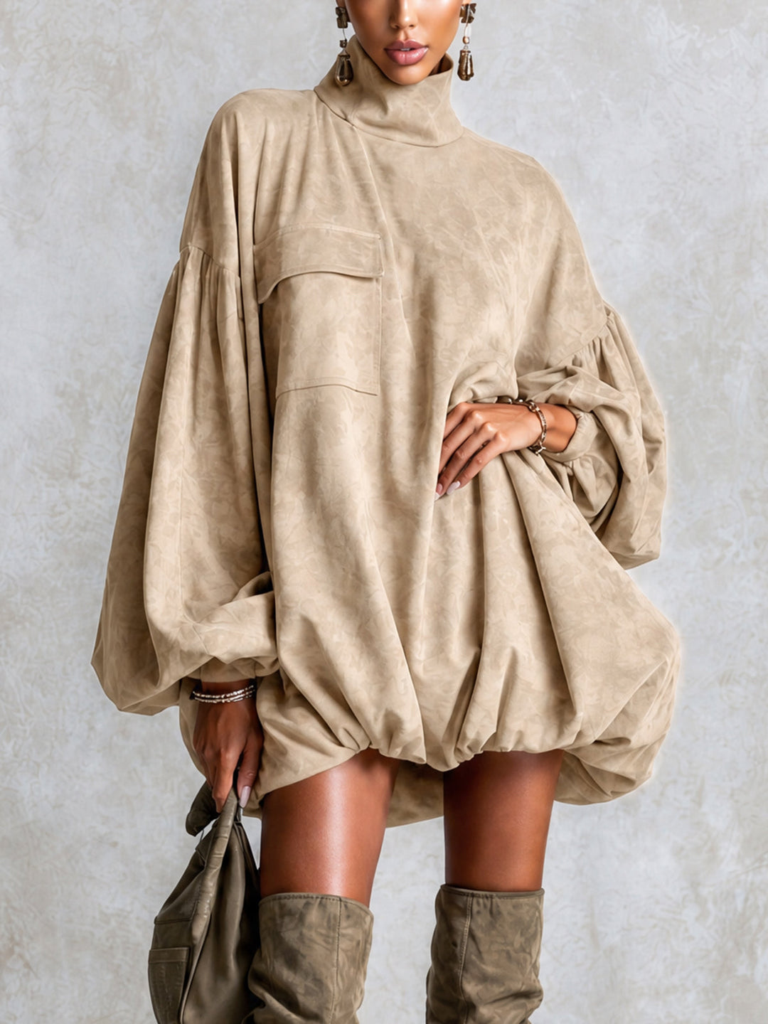 Khaki Faux Suede Oversized Mini Dress