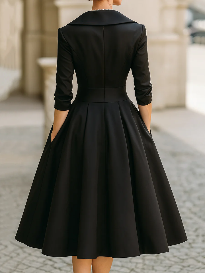 Elegant Black Satin Pleated V-neck A-line Midi Dress