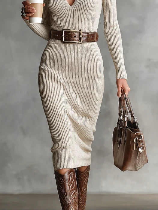 Slim Fit Half Turtleneck V-Neck Long Sleeve Knitted Belted Midi Dress (with belt)