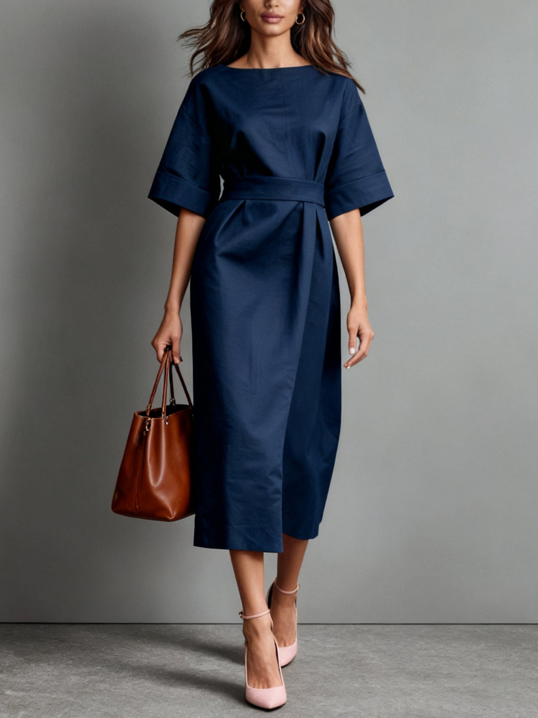 Linen Boat Neck Tie Loose Dress