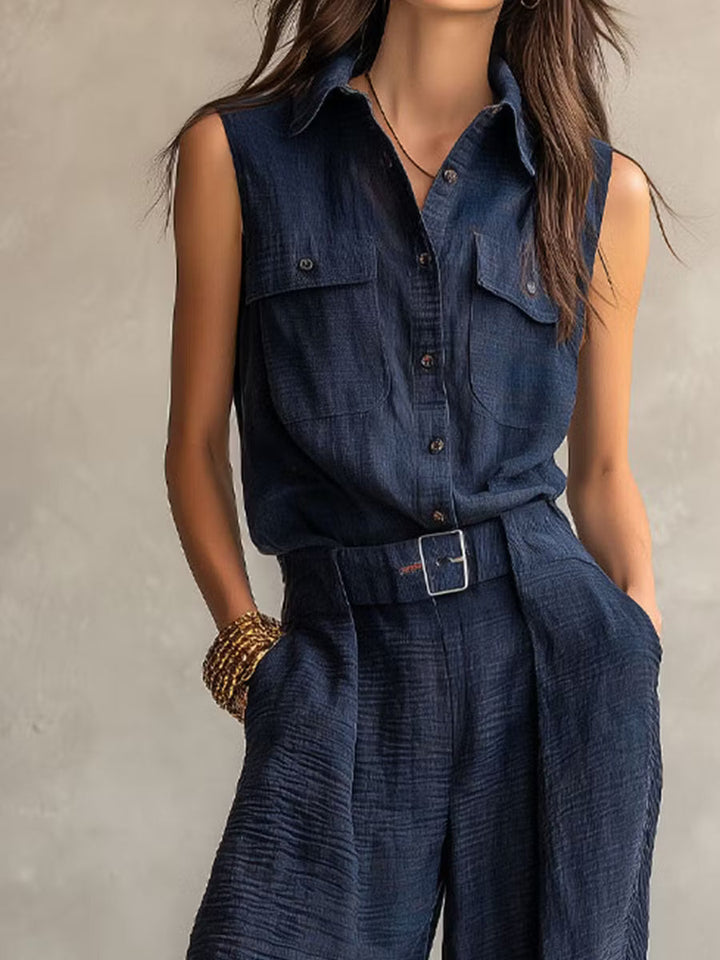 Utility Jumpsuit with Belt in Slate Gray Textured Boho Midnight Style