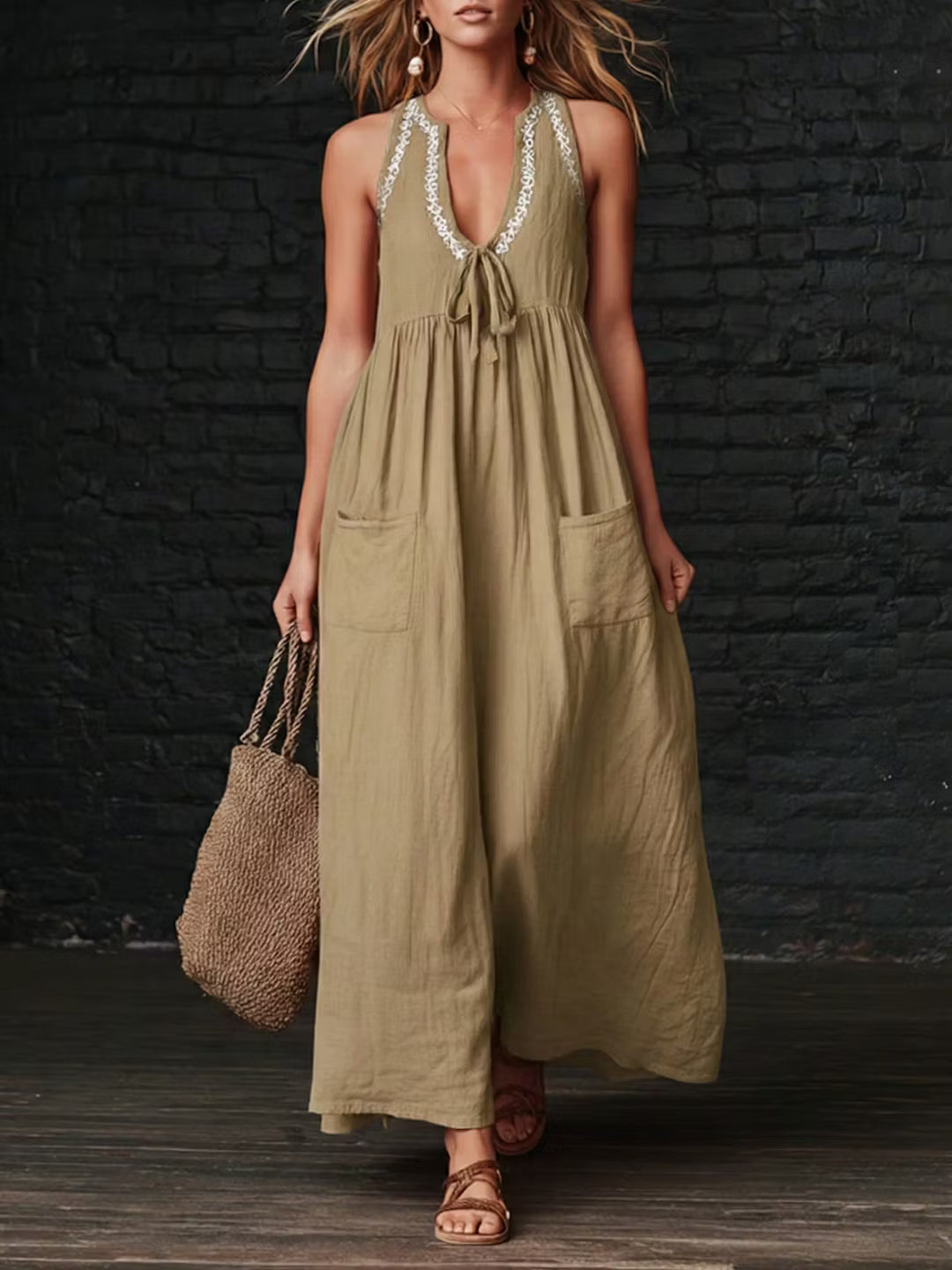 Retro floral dress in linen and cotton, A-line cut, loose fit.