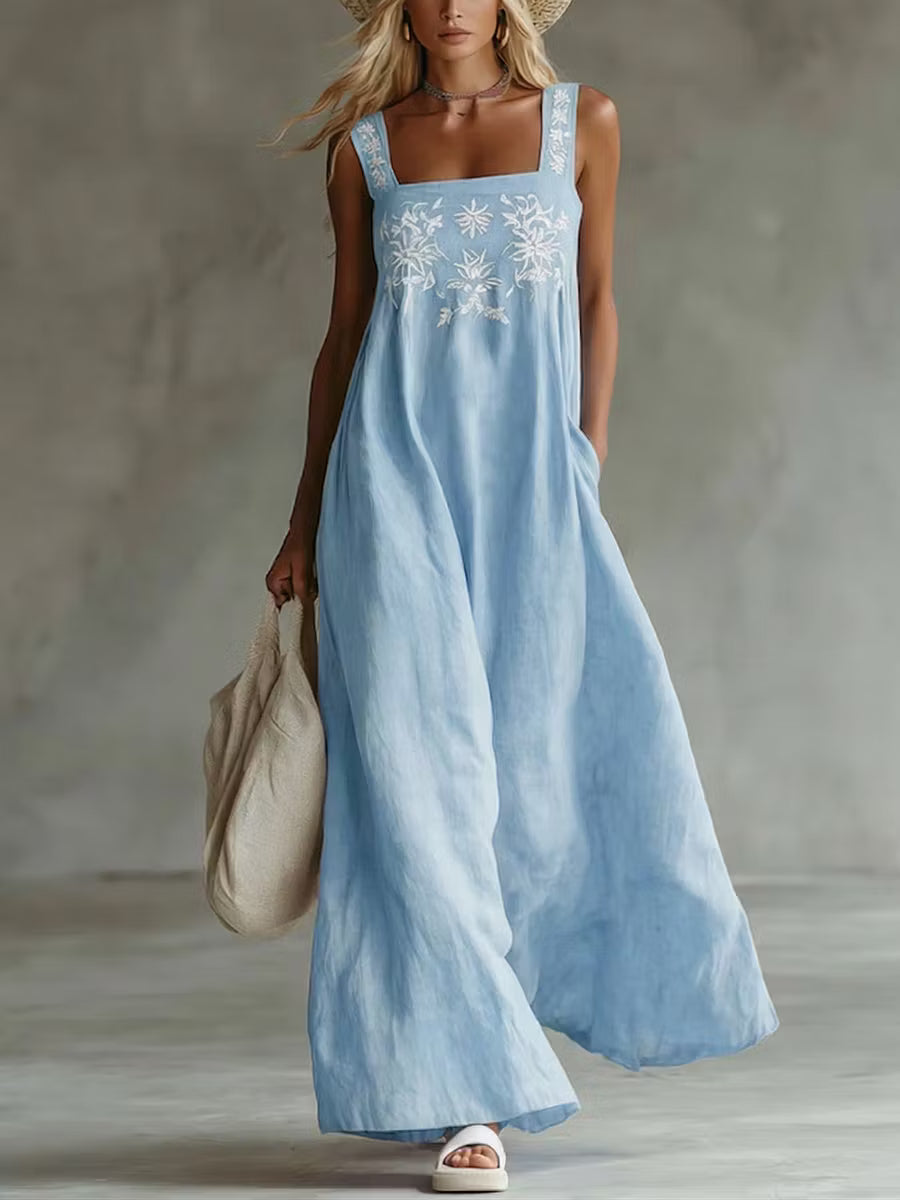 Casual Bohemian Dress with Floral Print in Cotton and Linen