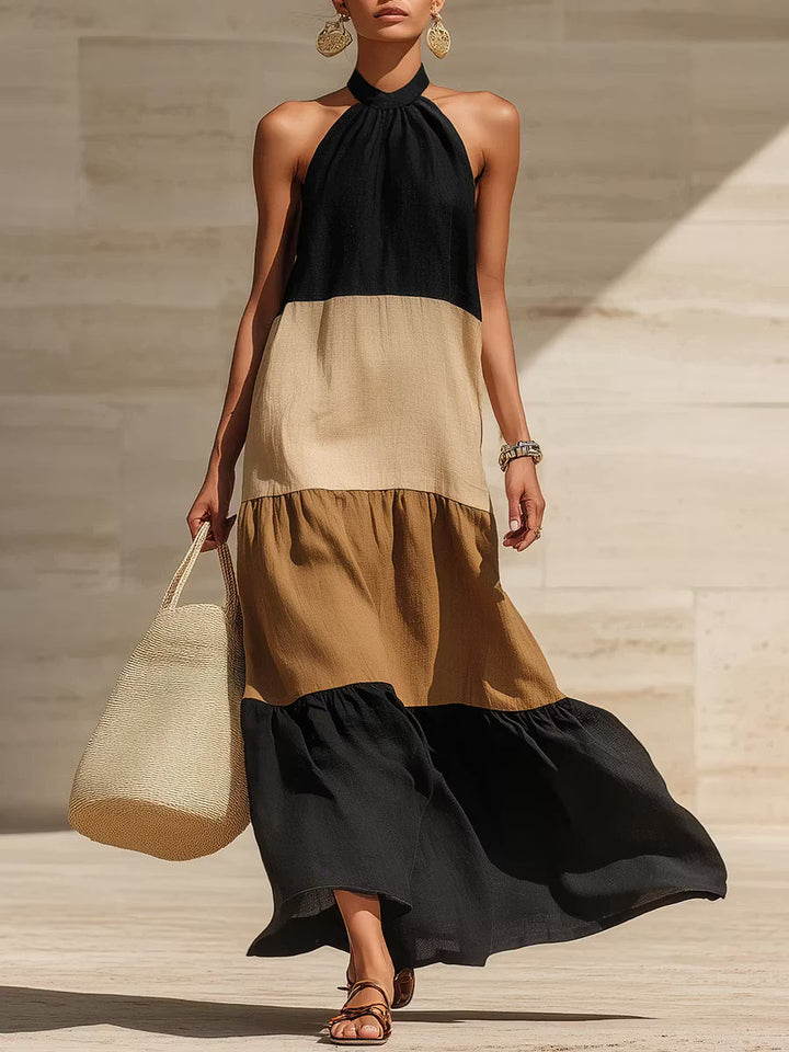 Elegant long dress with artistic color blocks
