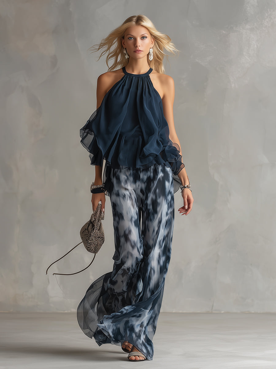 Ludovica - Chiffon set consisting of a high-neck top and wide printed pants