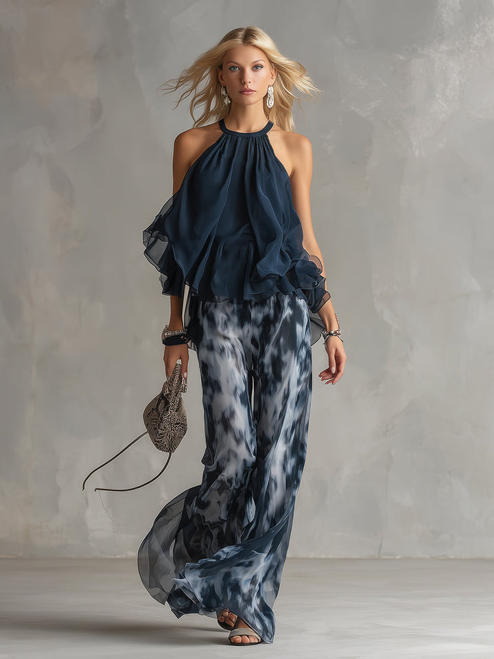 Ludovica - Chiffon set consisting of a high-neck top and wide printed pants
