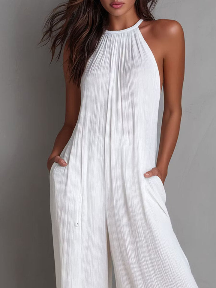 White Pleated Resort Jumpsuit with Halter Neck and Wide Legs
