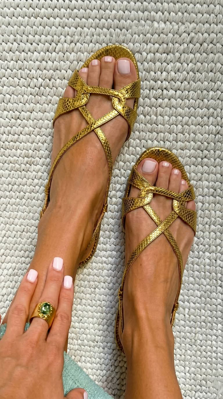 Low Bronze Snake Effect Slingback Sandals with Open Toe