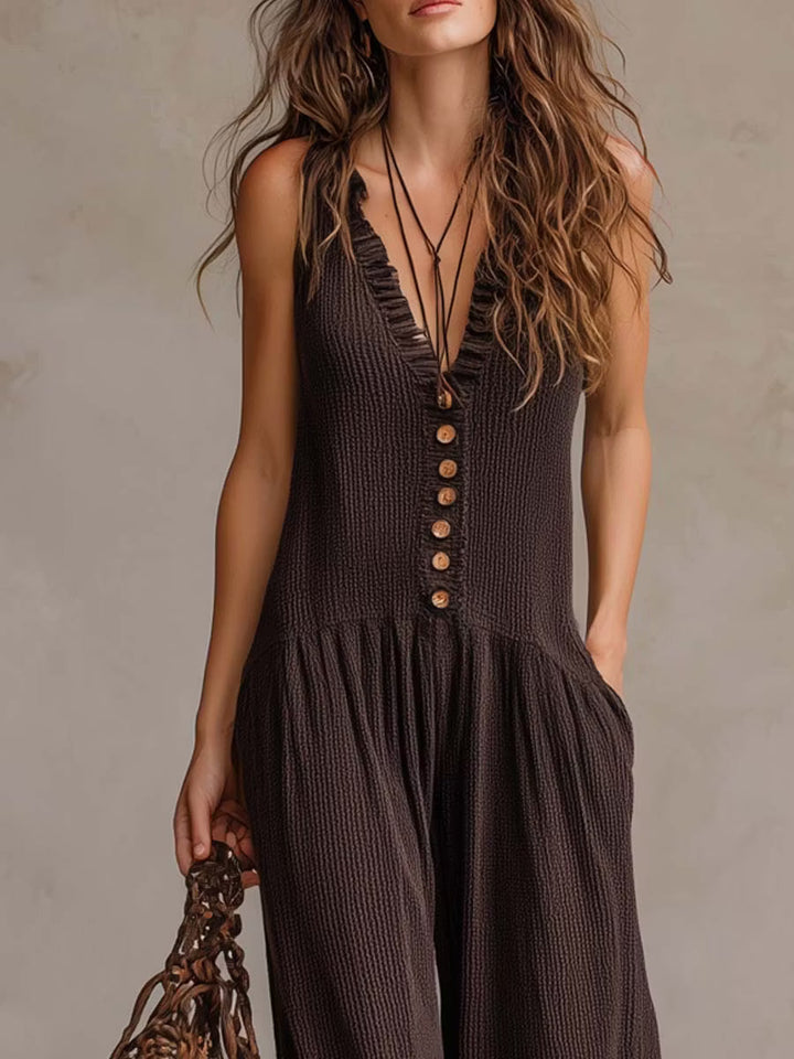 Retro Knit Jumpsuit with Ruffled Collar
