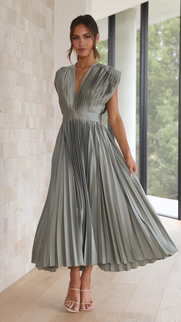 Elegant Satin Pleated V-neck Flowing Midi Dress