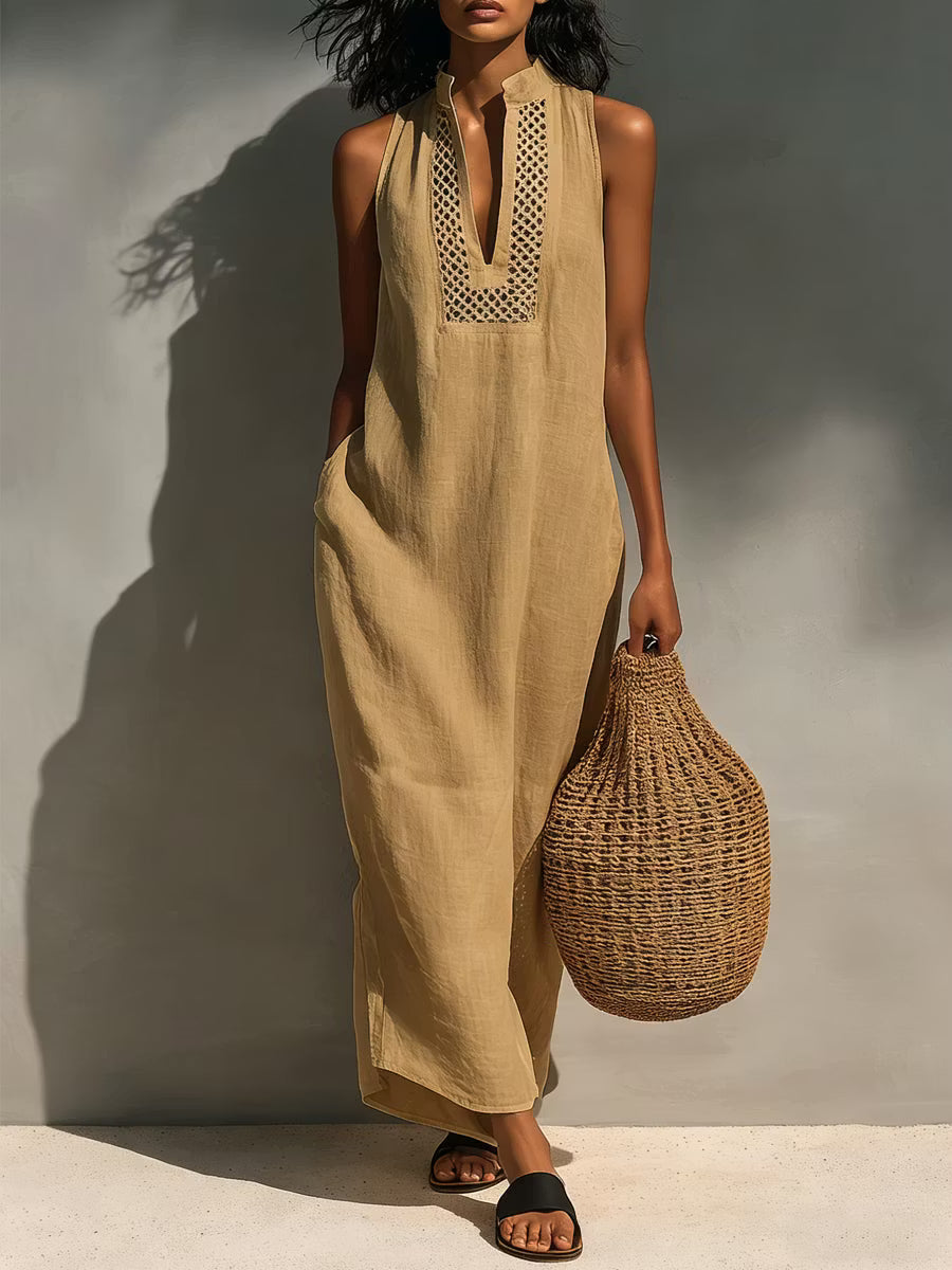Minimalist Women's Sleeveless Maxi Dress with Cutout Neckline