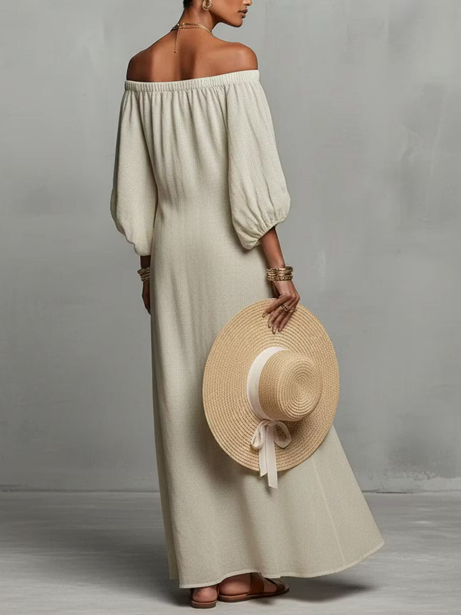 Casual women's linen dress with long sleeves and round neck.