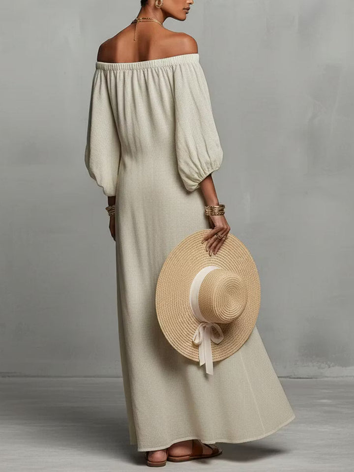 Casual women's linen dress with long sleeves and round neck.
