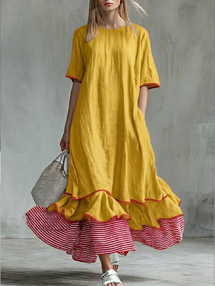 Women's Patchwork Striped Midi Dress – Casual Red Summer Dress