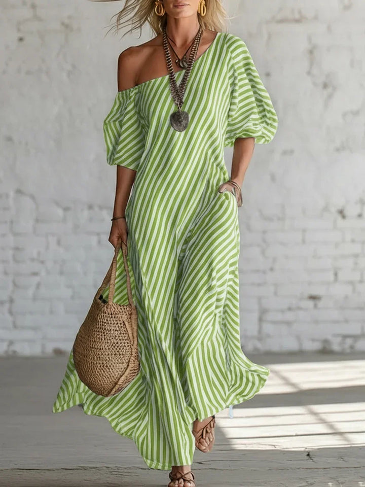Elegant and Classic Striped Long Dress with Off-Shoulder Design