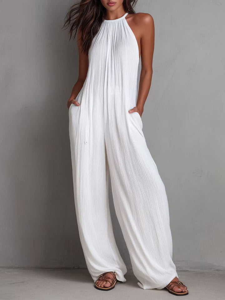 White Pleated Resort Jumpsuit with Halter Neck and Wide Legs